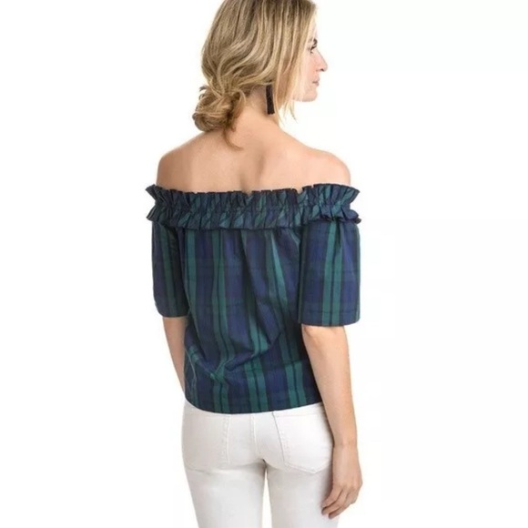 Vineyard Vines Blackwatch Plaid Off Shoulder Poplin Top - Picture 3 of 8